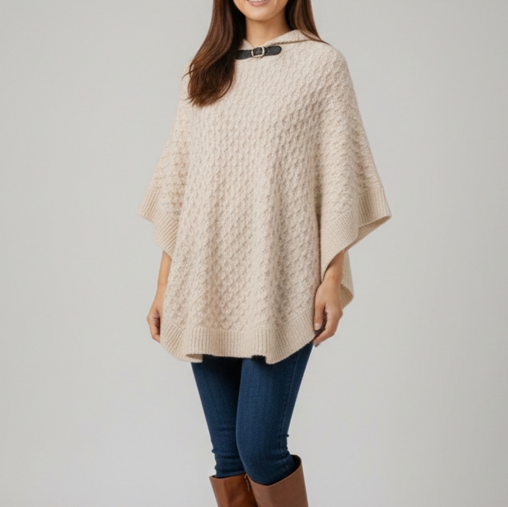 [Orange Fashion Village] Cable Knit Oatmeal Colour Poncho Hoodie Side Button O/S